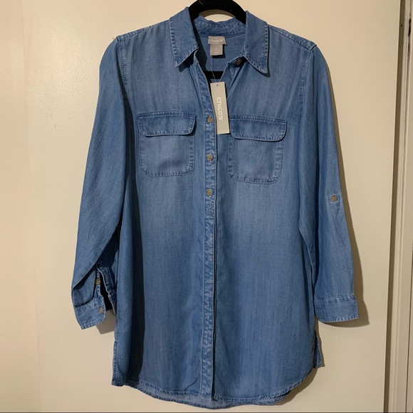 Chico’s Half Button Denim Blouse with Roll Sleeves - Picture 5 of 16